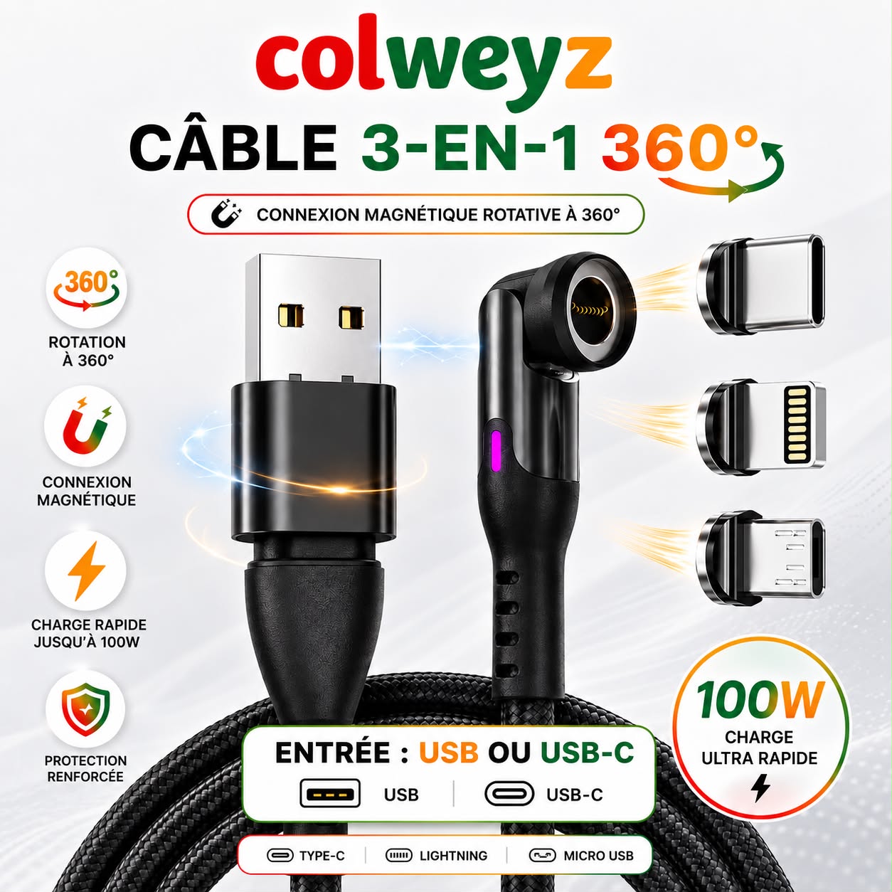 Câble 3-en-1 360° Magnétique